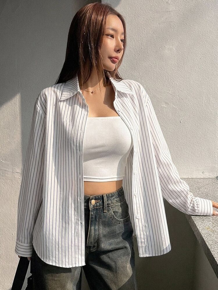 DAZY Women's Loose Black And White Striped Collar Long Sleeve Base Button-Up Shirt For Commuting, Summer And Autumn Office Casual Teachers' Day - White - View 4