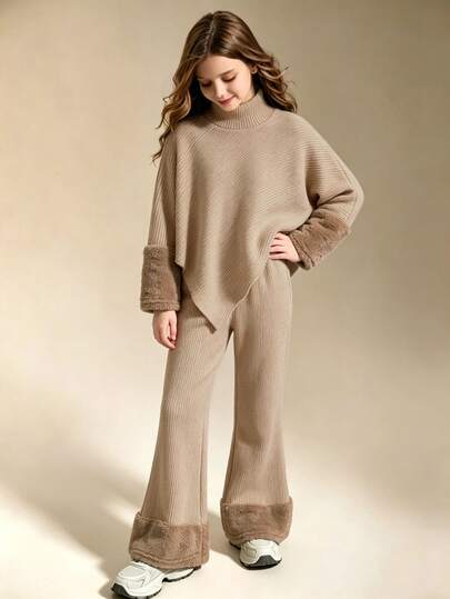 Elladie kids Girls 2 Piece Knit Outfit Khaki Turtleneck Asymmetric Poncho Top With Fuzzy Cuffs & Wide Leg Flared Pants Christmas Set Fall Matching Kids Clothes