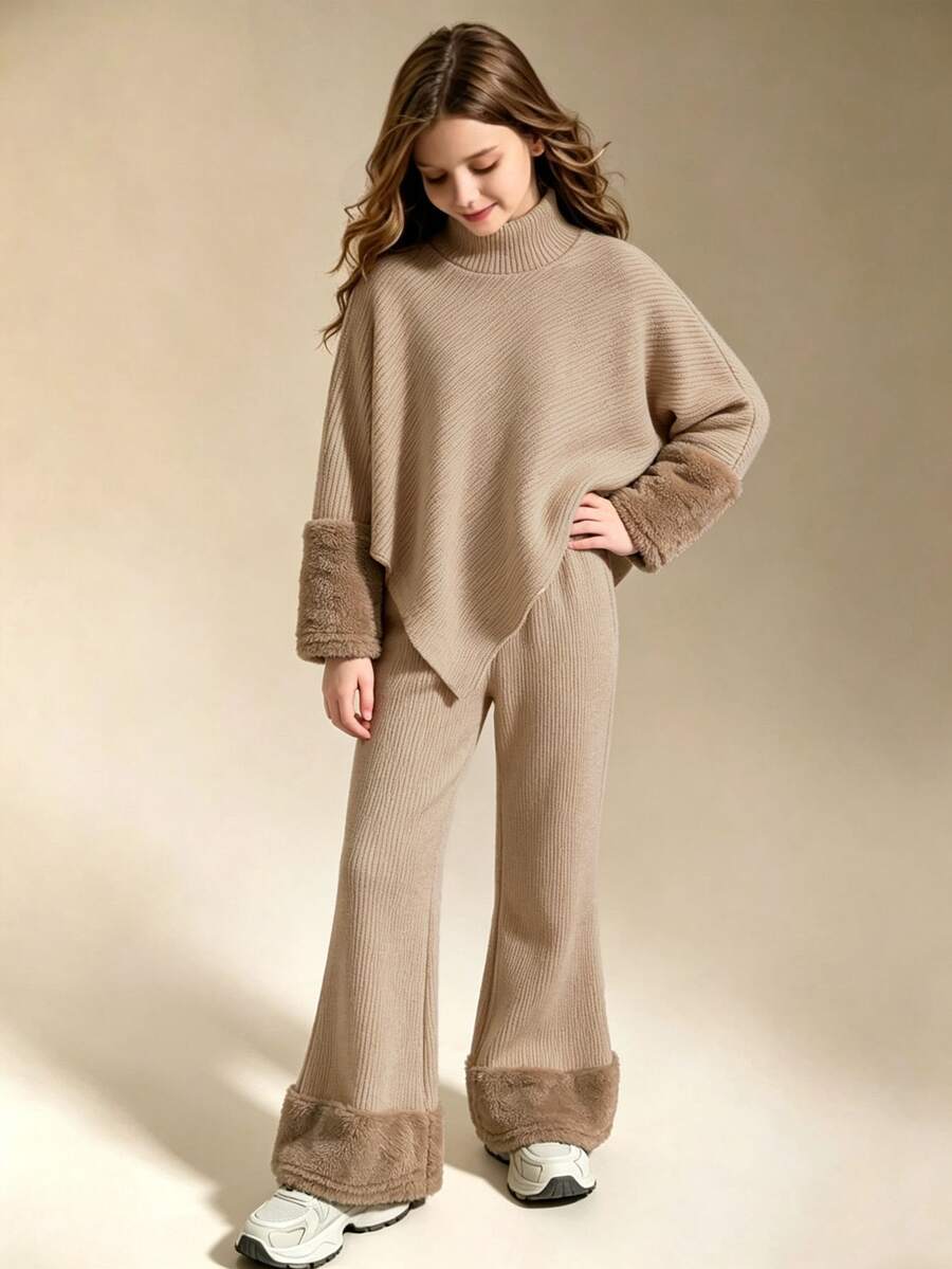 Elladie kids 女童 2 件組針織套裝 卡其色高領不對稱披肩上衣 搭配毛絨袖口與寬腿喇叭褲 聖誕套裝 秋季兒童套裝