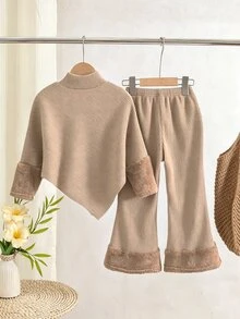 Elladie kids 女童 2 件組針織套裝 卡其色高領不對稱披肩上衣 搭配毛絨袖口與寬腿喇叭褲 聖誕套裝 秋季兒童套裝 - 卡其色 - 查看 3