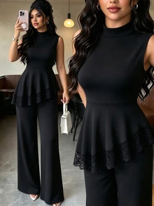 Elenzga Plus Size Women's Elegant Minimalist Commute Versatile Lace Patchwork Asymmetrical Hem Long Pants Sleeveless Stand Collar 2-Piece Set - Black - View 1