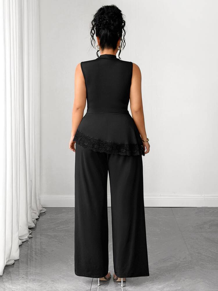 Elenzga Plus Size Women's Elegant Minimalist Commute Versatile Lace Patchwork Asymmetrical Hem Long Pants Sleeveless Stand Collar 2-Piece Set - Black - View 2