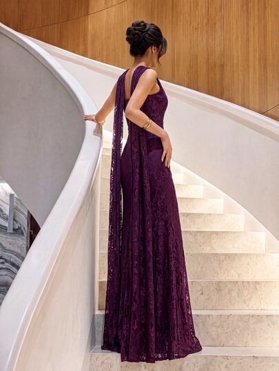 Firerie Elegante vestido de fiesta romántico y de moda con tela de encaje color café, dobladillo de cola de pez, vestido digno para invitada de boda, fiesta de despedida de soltera y vestido de noche formal