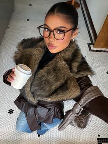 Muchica Women's Faux Fur Collar Patchwork PU Material Long Sleeve Jacket - Brown - View 5