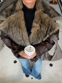Muchica Women's Faux Fur Collar Patchwork PU Material Long Sleeve Jacket - Brown - View 3