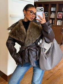 Muchica Women's Faux Fur Collar Patchwork PU Material Long Sleeve Jacket - Brown - View 4