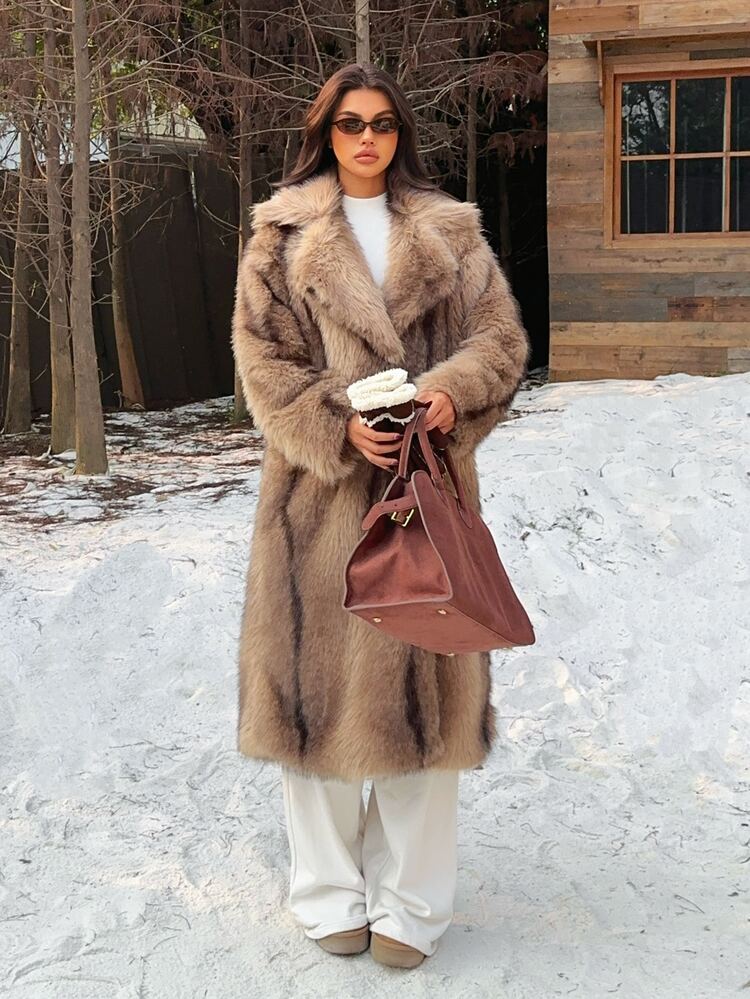 SHEIN EZwear Women's Faux Fur Collar Fashion Casual Long Coat, Autumn/Winter - Mocha Brown - View 6