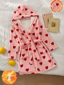 Tween Girl Heart Pattern Waist Tie Casual Daily Loungewear Robe - Pink - View 2