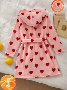 Tween Girl Heart Pattern Waist Tie Casual Daily Loungewear Robe - Pink - View 3