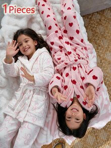 Tween Girl Heart Pattern Waist Tie Casual Daily Loungewear Robe - Pink - View 9