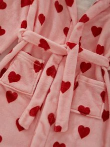 Tween Girl Heart Pattern Waist Tie Casual Daily Loungewear Robe - Pink - View 5