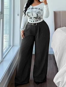 SHEIN Elenzya Plus Size Women's Non-Stretch Straight Leg Denim Jeans With Black And White Striped Print, Cowboy Outfits For Women - Black - View 5