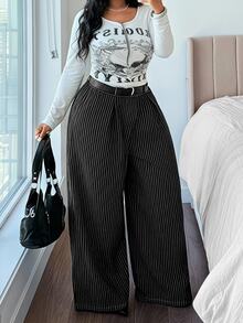 SHEIN Elenzya Plus Size Women's Non-Stretch Straight Leg Denim Jeans With Black And White Striped Print, Cowboy Outfits For Women - Black - View 6