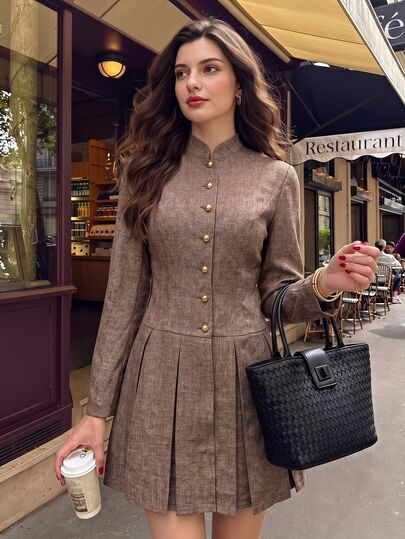 Vintamour Vintage French Classic Elegant Women's Fitted Dress, Autumn/Winter New Chinese Style Stand Collar With Metal Buttons, Long Sleeve Brown Brunch Dress