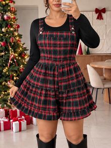 Lounesse Women's Plus Size Minimalist Long Sleeve Top And Plaid Romper Set Casual 2 Pieces Set For Women Fall/Winter Casual Daily Going Out Set For Women - Multicolor - View 2