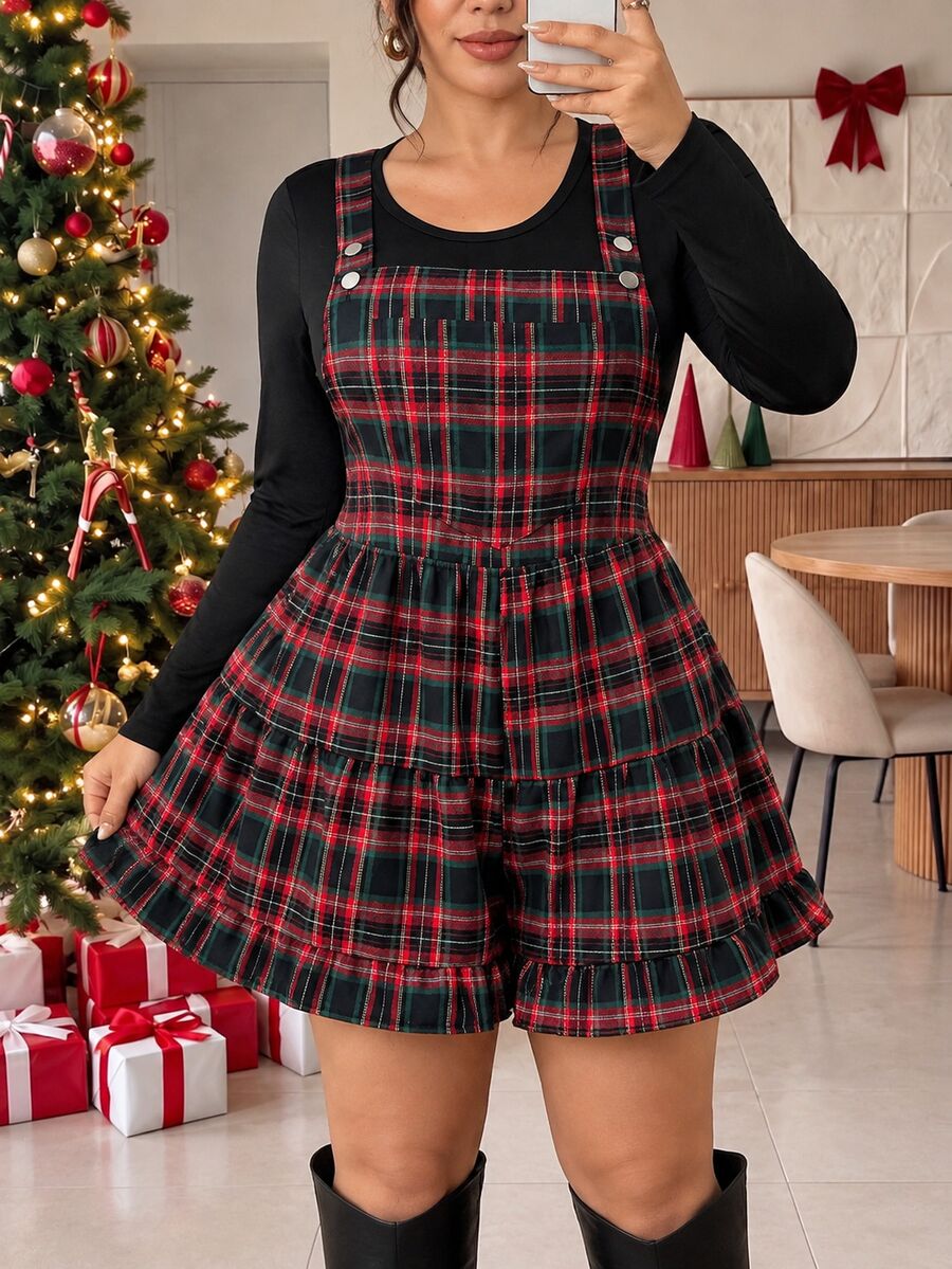 Lounesse Women's Plus Size Minimalist Long Sleeve Top And Plaid Romper Set Casual 2 Pieces Set For Women Fall/Winter Casual Daily Going Out Set For Women