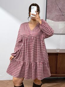 SHEIN Frenchy Autumn/Winter Minimalist Fashion Long Sleeve Textured Floral A-Line Solid Color Plus Size Dress, Suitable For Party, Gathering, Daily Wear Fall/Winter - Red - View 6