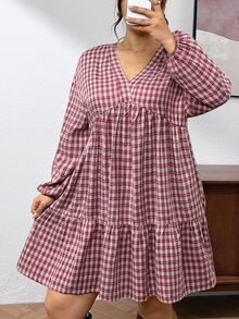 SHEIN Frenchy Autumn/Winter Minimalist Fashion Long Sleeve Textured Floral A-Line Solid Color Plus Size Dress, Suitable For Party, Gathering, Daily Wear Fall/Winter - Red - View 9