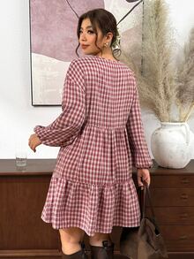 SHEIN Frenchy Autumn/Winter Minimalist Fashion Long Sleeve Textured Floral A-Line Solid Color Plus Size Dress, Suitable For Party, Gathering, Daily Wear Fall/Winter - Red - View 11