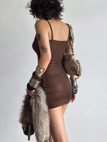 Bloopia Women's Studded Decor Casual Daily Summer Spaghetti Strap Dress - Brown - View 2