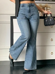 Dazy Plus Plus Size Women's Washed Distressed Stretch Flare Leg Jeans With Pockets Beach Club Light Blue Fall Casual Loose Fit - Light Wash - View 5