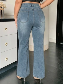 Dazy Plus Plus Size Women's Washed Distressed Stretch Flare Leg Jeans With Pockets Beach Club Light Blue Fall Casual Loose Fit - Light Wash - View 6