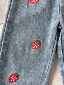 SHEIN 2pcs Toddler Girl Cardigan Pants Cute Sweet Red Blue Strawberry Embroidery Ribbed Long Sleeve Round Neck Regular Party Fall Holiday Button - Red - View 5
