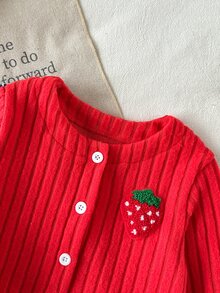 SHEIN 2pcs Toddler Girl Cardigan Pants Cute Sweet Red Blue Strawberry Embroidery Ribbed Long Sleeve Round Neck Regular Party Fall Holiday Button - Red - View 6