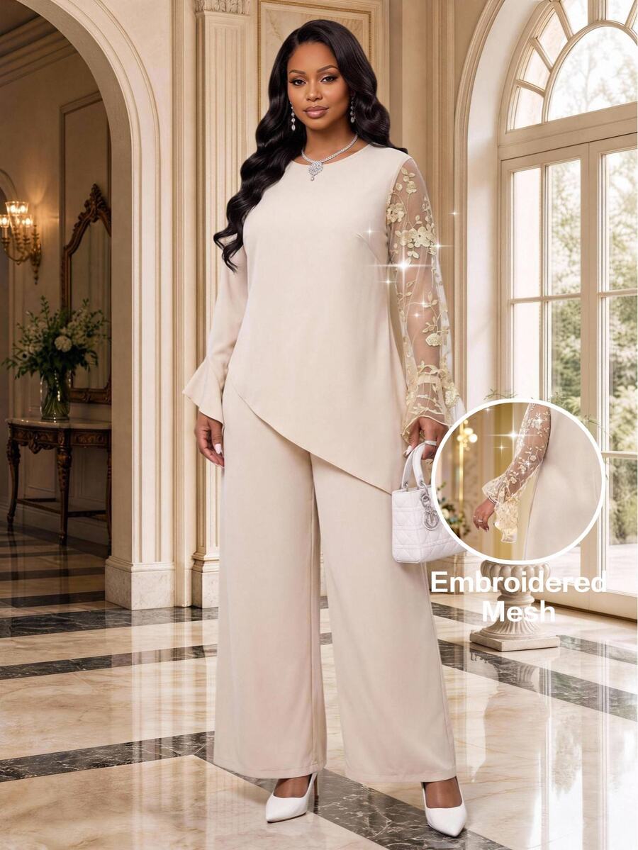 Fleurora Plus Size Women's Patchwork Embroidered Mesh Bell Sleeve Asymmetrical Hem Top And Wide Leg Pants Elegant 2 Pieces Set Fall - Khaki - View 1