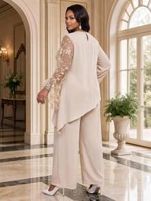 Fleurora طقم نسائي أنيق من قطعتين بمقاس كبير للخريف، توب بتصميم باتشوورك مطرز من الشبك وأكمام جرس وحافة غير متماثلة مع بنطال واسع الساق - كاكي - مشاهدة 2