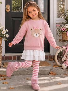 SHEIN Set Baju Sweatshirt Bordir Beruang Merah Muda Manis untuk Anak Perempuan dan Legging Bergaris - Berwarna merah muda - View 1