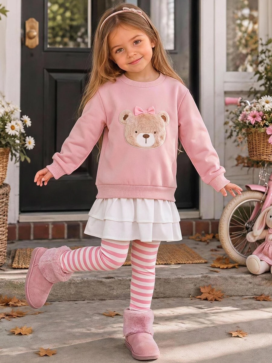 SHEIN Set Baju Sweatshirt Bordir Beruang Merah Muda Manis untuk Anak Perempuan dan Legging Bergaris - Berwarna merah muda - View 1