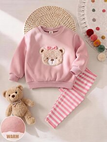 SHEIN Set Baju Sweatshirt Bordir Beruang Merah Muda Manis untuk Anak Perempuan dan Legging Bergaris - Berwarna merah muda - View 2