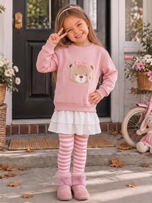 SHEIN Set Baju Sweatshirt Bordir Beruang Merah Muda Manis untuk Anak Perempuan dan Legging Bergaris - Berwarna merah muda - View 3