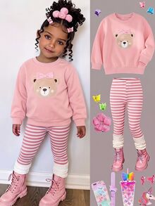 SHEIN Set Baju Sweatshirt Bordir Beruang Merah Muda Manis untuk Anak Perempuan dan Legging Bergaris - Berwarna merah muda - View 5