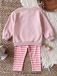 SHEIN Set Baju Sweatshirt Bordir Beruang Merah Muda Manis untuk Anak Perempuan dan Legging Bergaris - Berwarna merah muda - View 7