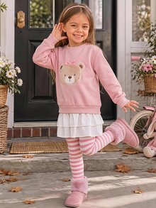 SHEIN Set Baju Sweatshirt Bordir Beruang Merah Muda Manis untuk Anak Perempuan dan Legging Bergaris - Berwarna merah muda - View 4