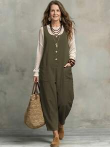 Omancia Women's Solid Color Pocket Casual Daily Travel Overalls Long Pants - Coffee Brown - View 3