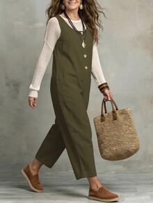 Omancia Women's Solid Color Pocket Casual Daily Travel Overalls Long Pants - Coffee Brown - View 4