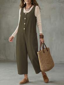 Omancia Women's Solid Color Pocket Casual Daily Travel Overalls Long Pants - Coffee Brown - View 5