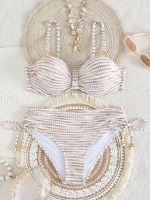 SHEIN Swim Women's New Special Fabric Metallic Bead Accent Swimwear Set - Multicolor - View 6