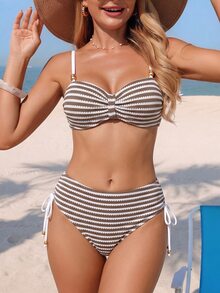 SHEIN Swim Women's New Special Fabric Metallic Bead Accent Swimwear Set - Brown - View 2