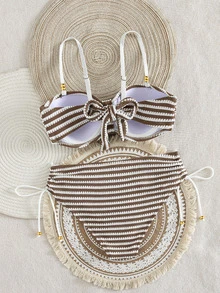 SHEIN Swim Women's New Special Fabric Metallic Bead Accent Swimwear Set - Brown - View 7