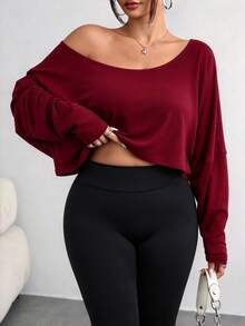 Elenzga Plus Size Women's Asymmetric Collar Long Sleeve Cropped Casual T-Shirt, Solid Color, Autumn Fall - Burgundy - View 4