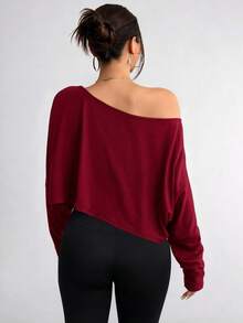 Elenzga Plus Size Women's Asymmetric Collar Long Sleeve Cropped Casual T-Shirt, Solid Color, Autumn Fall - Burgundy - View 2