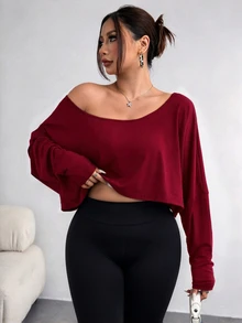 Elenzga Plus Size Women's Asymmetric Collar Long Sleeve Cropped Casual T-Shirt, Solid Color, Autumn Fall - Burgundy - View 5