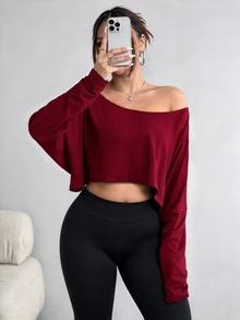 Elenzga Plus Size Women's Asymmetric Collar Long Sleeve Cropped Casual T-Shirt, Solid Color, Autumn Fall - Burgundy - View 6
