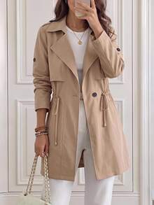 Medorina Classic Basic Style, Button Up Detail, Autumn Jacket Coat, Soft Lightweight, Khaki Brown, Longline Straight, Daily Commute Casual, Fall Winter Clothes - Khaki - View 1