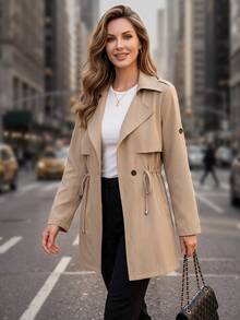 Medorina Classic Basic Style, Button Up Detail, Autumn Jacket Coat, Soft Lightweight, Khaki Brown, Longline Straight, Daily Commute Casual, Fall Winter Clothes - Khaki - View 7