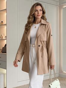 Medorina Classic Basic Style, Button Up Detail, Autumn Jacket Coat, Soft Lightweight, Khaki Brown, Longline Straight, Daily Commute Casual, Fall Winter Clothes - Khaki - View 6